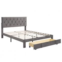 Gray Queen Size Velvet Upholstered Platform Bed with a Big Drawer by ATHMILE