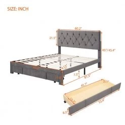 Gray Queen Size Velvet Upholstered Platform Bed with a Big Drawer by ATHMILE -ATHMILE Sales Store gray athmile panel beds gz b2w20221490 c3 1000