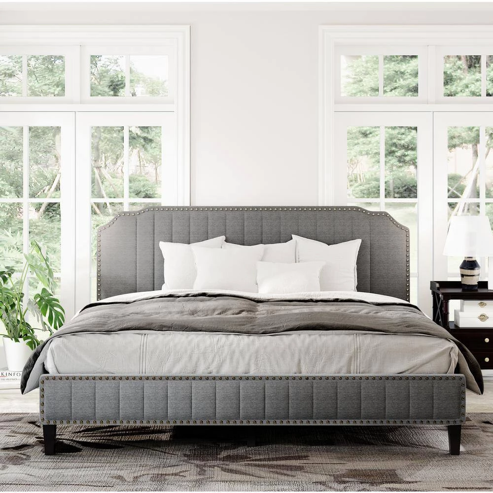 85 in. Gray Linen Curved Upholstered King Platform Bed with Nailhead Trim by ATHMILE 7 85 in. Gray Linen Curved Upholstered King Platform Bed with Nailhead Trim by ATHMILE - Image 7
