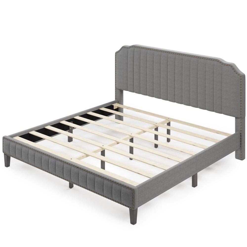 85 in. Gray Linen Curved Upholstered King Platform Bed with Nailhead Trim by ATHMILE 4 85 in. Gray Linen Curved Upholstered King Platform Bed with Nailhead Trim by ATHMILE - Image 4