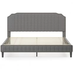 85 in. Gray Linen Curved Upholstered King Platform Bed with Nailhead Trim by ATHMILE