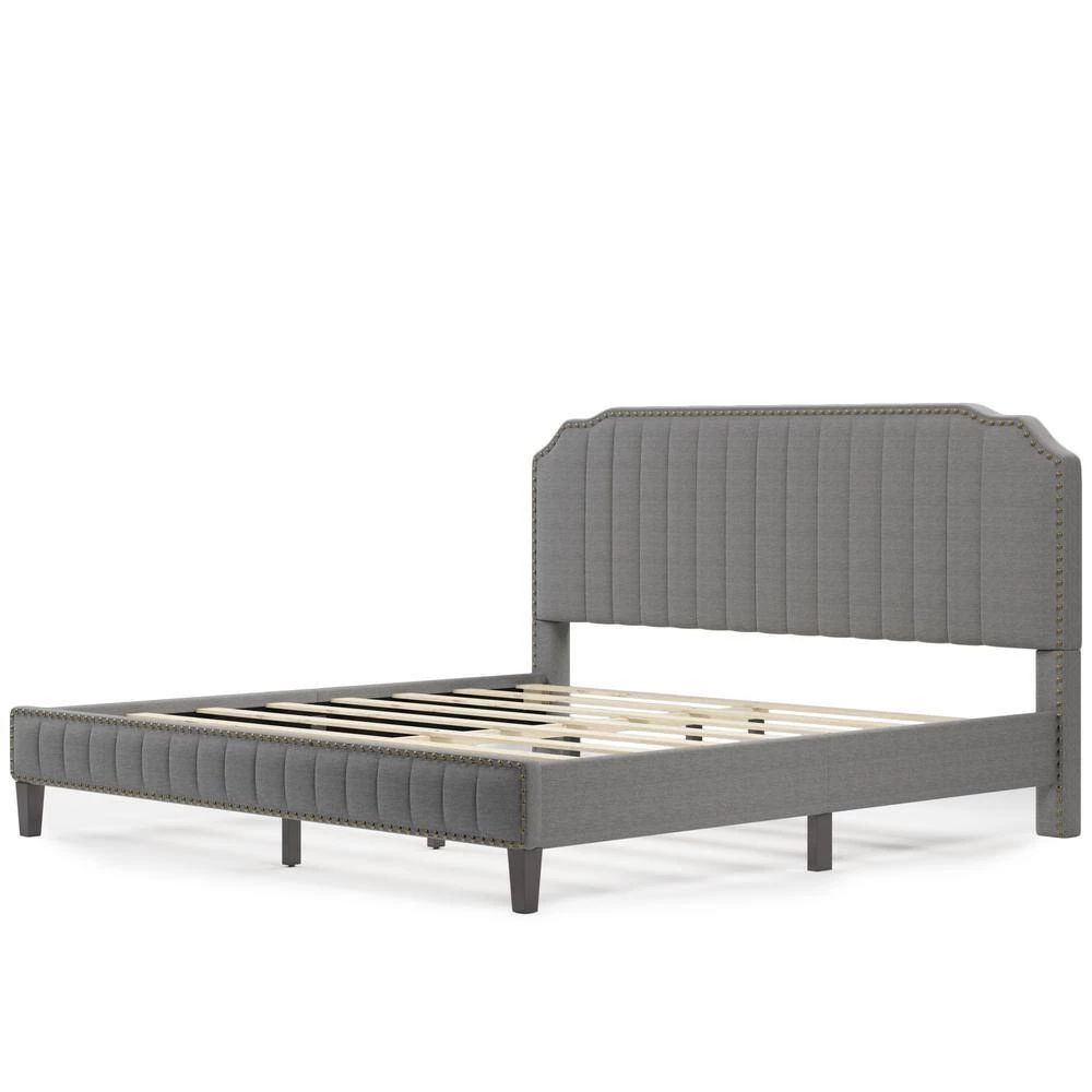 85 in. Gray Linen Curved Upholstered King Platform Bed with Nailhead Trim by ATHMILE 2 85 in. Gray Linen Curved Upholstered King Platform Bed with Nailhead Trim by ATHMILE - Image 2