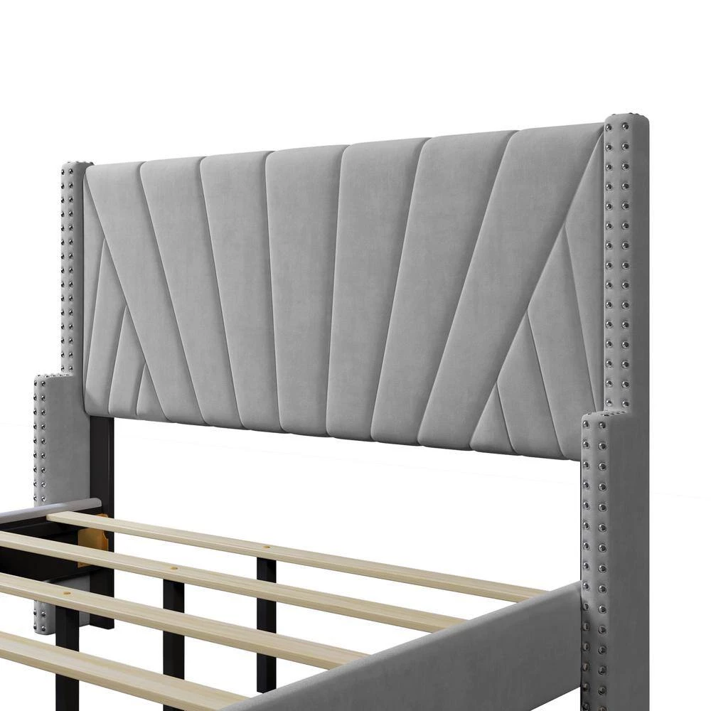 81 in. W Gray Velvet Upholstered Full Size Platform Bed by ATHMILE 5 81 in. W Gray Velvet Upholstered Full Size Platform Bed by ATHMILE - Image 5