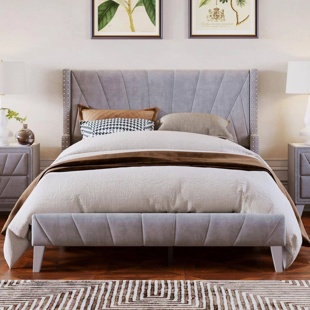 81 in. W Gray Velvet Upholstered Full Size Platform Bed by ATHMILE 8 81 in. W Gray Velvet Upholstered Full Size Platform Bed by ATHMILE - Image 8
