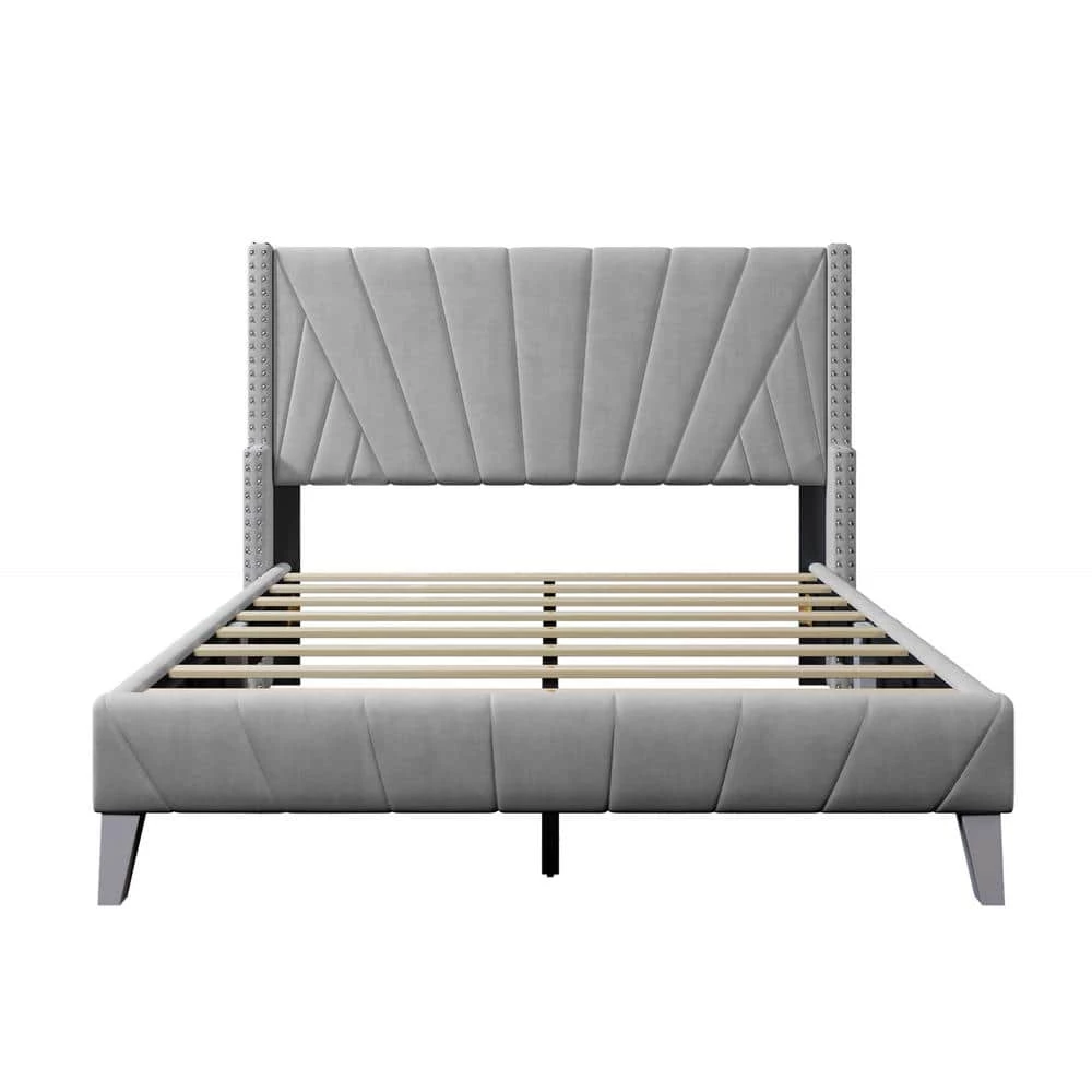 81 in. W Gray Velvet Upholstered Full Size Platform Bed by ATHMILE 1 81 in. W Gray Velvet Upholstered Full Size Platform Bed by ATHMILE
