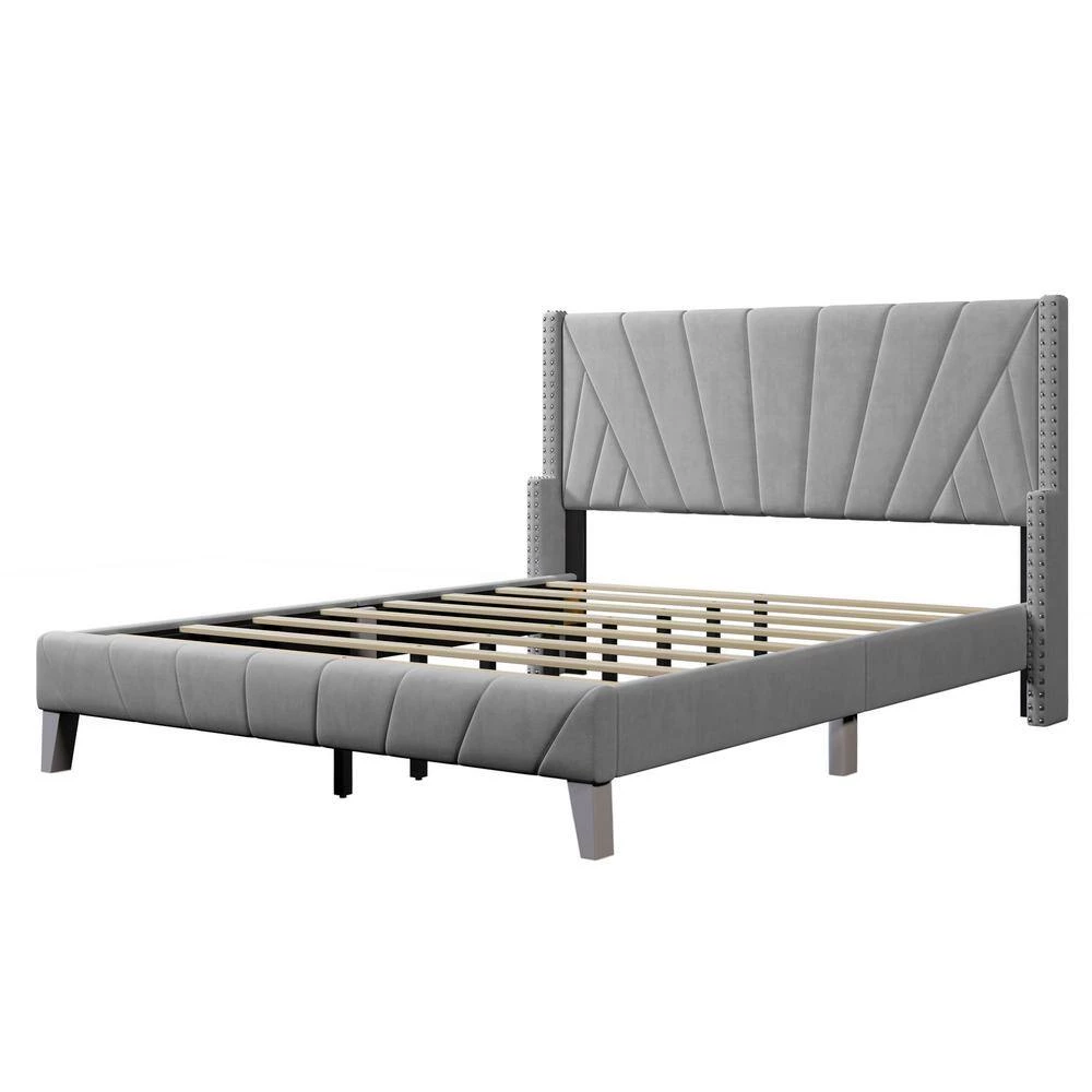 85.8 in. W Gray Velvet Upholstered Queen Size Platform Bed by ATHMILE 2 85.8 in. W Gray Velvet Upholstered Queen Size Platform Bed by ATHMILE - Image 2