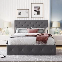 77.9 in. W Gray Full size Upholstered Platform Bed with a Hydraulic Storage System by ATHMILE -ATHMILE Sales Store gray athmile platform beds gz b2w20221316 4f 1000
