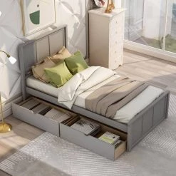 79.92 in. W Gray Wood Frame Twin Platform Storage Bed with Drawers by ATHMILE -ATHMILE Sales Store gray athmile platform beds gz b2w20222016 c3 1000