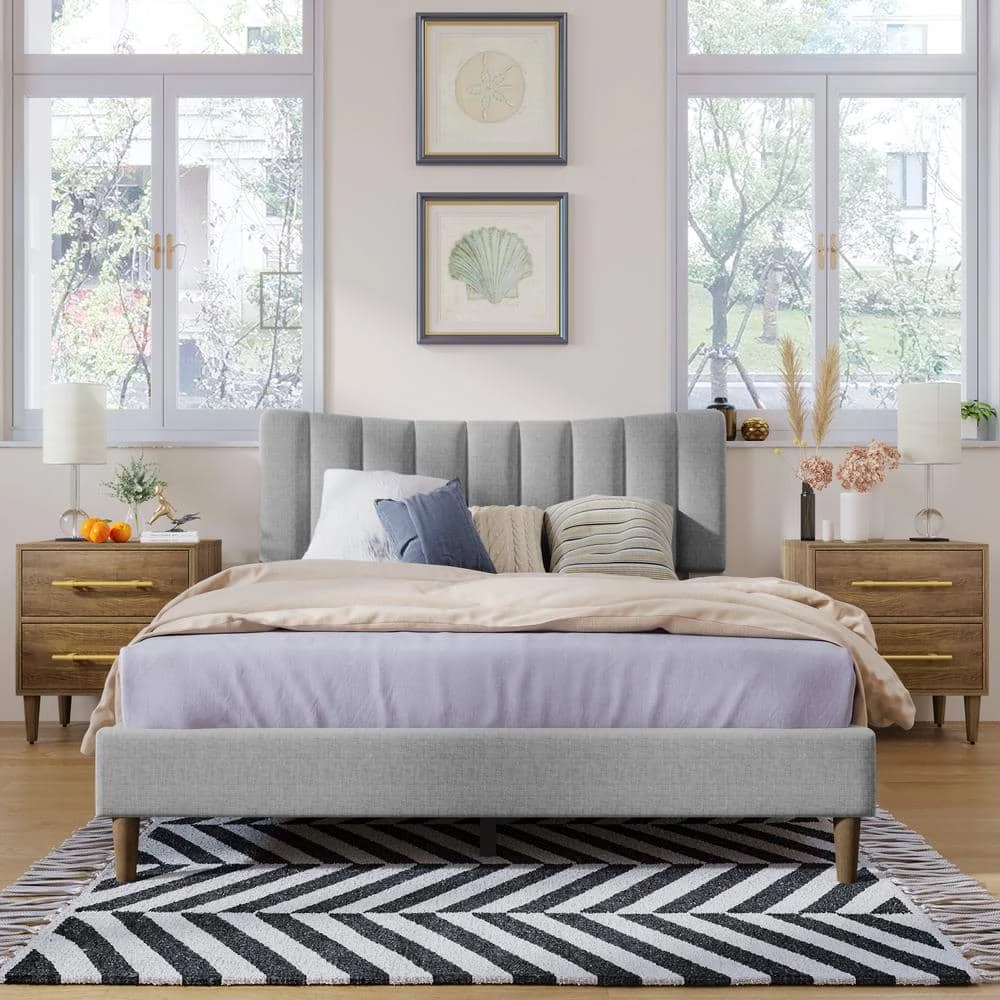 84.2 in. W Gray Queen Upholstered Platform Bed Frame with Vertical Channel Tufted Headboard by ATHMILE 9 84.2 in. W Gray Queen Upholstered Platform Bed Frame with Vertical Channel Tufted Headboard by ATHMILE - Image 9