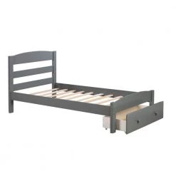 Gray Twin Platform Bed Wood Frame with Storage Drawer and Wood Slat Support by ATHMILE