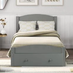 Gray Twin Platform Bed Wood Frame with Storage Drawer and Wood Slat Support by ATHMILE -ATHMILE Sales Store gray athmile platform beds gz wf191655aae 76 1000
