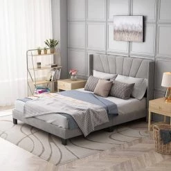 84.4 in. W Gray Velvet Upholstered Queen Size Platform Bed by ATHMILE -ATHMILE Sales Store gray athmile platform beds gzx b2w20221127 31 1000