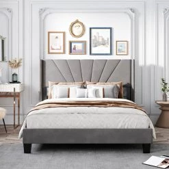84.4 in. W Gray Velvet Upholstered Queen Size Platform Bed by ATHMILE -ATHMILE Sales Store gray athmile platform beds gzx b2w20221127 4f 1000