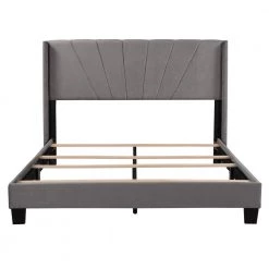 84.4 in. W Gray Velvet Upholstered Queen Size Platform Bed by ATHMILE -ATHMILE Sales Store gray athmile platform beds gzx b2w20221127 76 1000