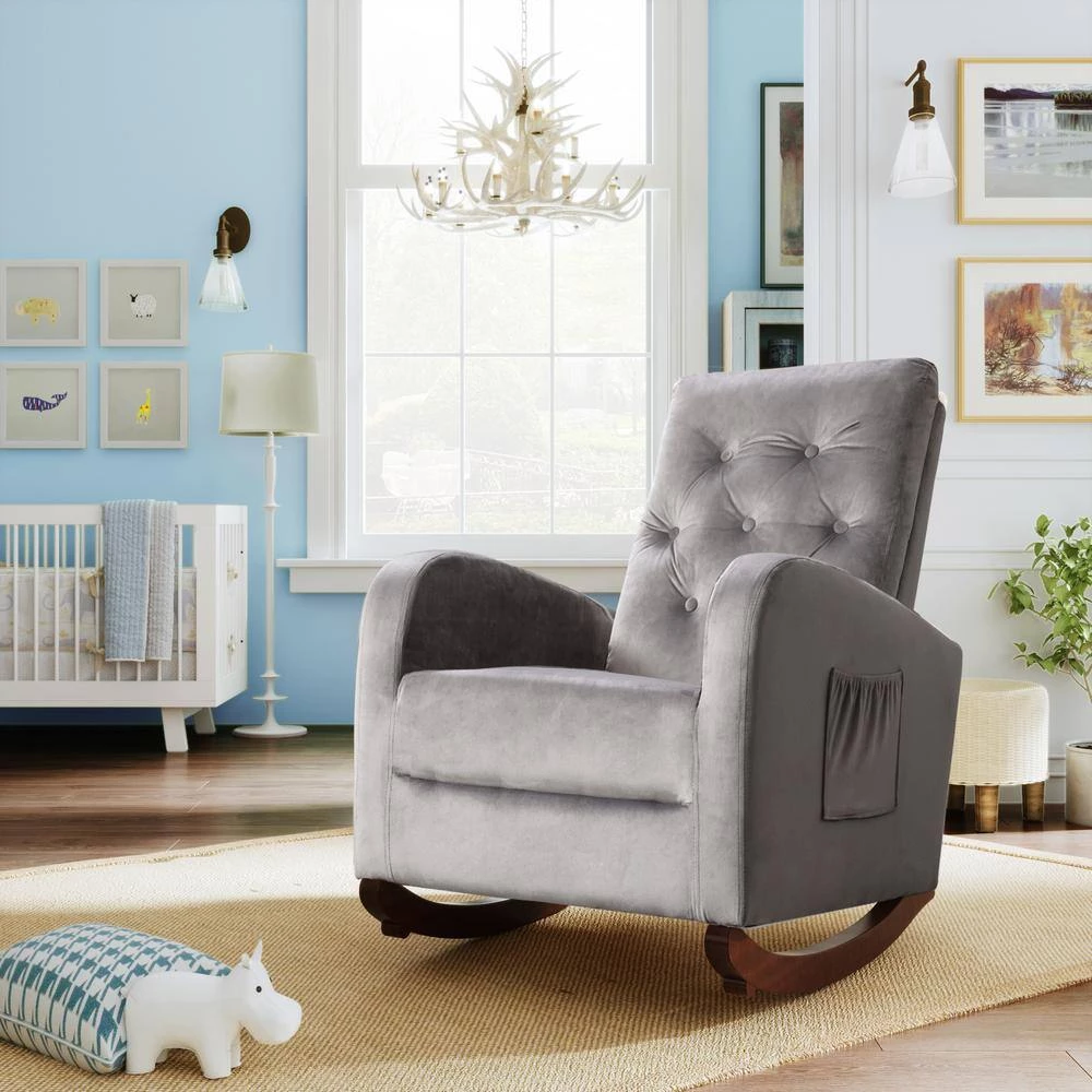 Gray Velvet Rocking Chair Nursery Chair (Set of 1) by ATHMILE 4 Gray Velvet Rocking Chair Nursery Chair (Set of 1) by ATHMILE - Image 4
