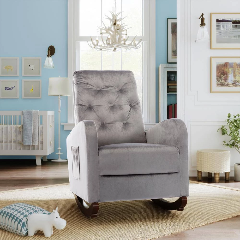 Gray Velvet Rocking Chair Nursery Chair (Set of 1) by ATHMILE 7 Gray Velvet Rocking Chair Nursery Chair (Set of 1) by ATHMILE - Image 7