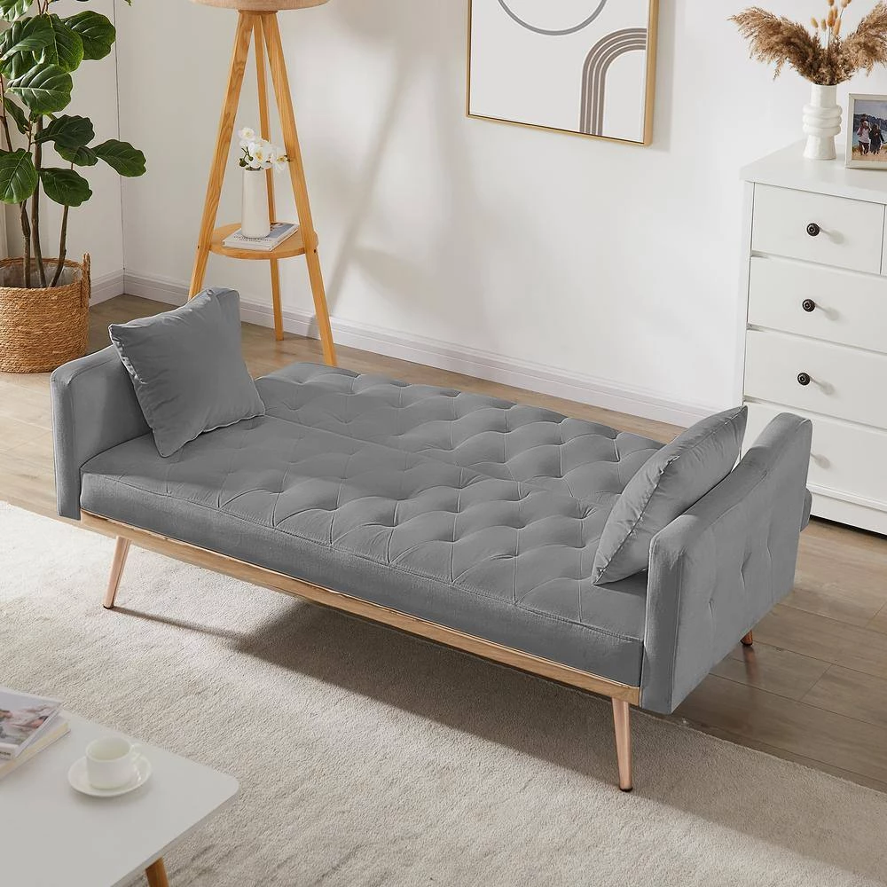 64.9 in.W Gray Velvet Twin Size Sofa Bed with Metal Legs by ATHMILE 4 64.9 in.W Gray Velvet Twin Size Sofa Bed with Metal Legs by ATHMILE - Image 4