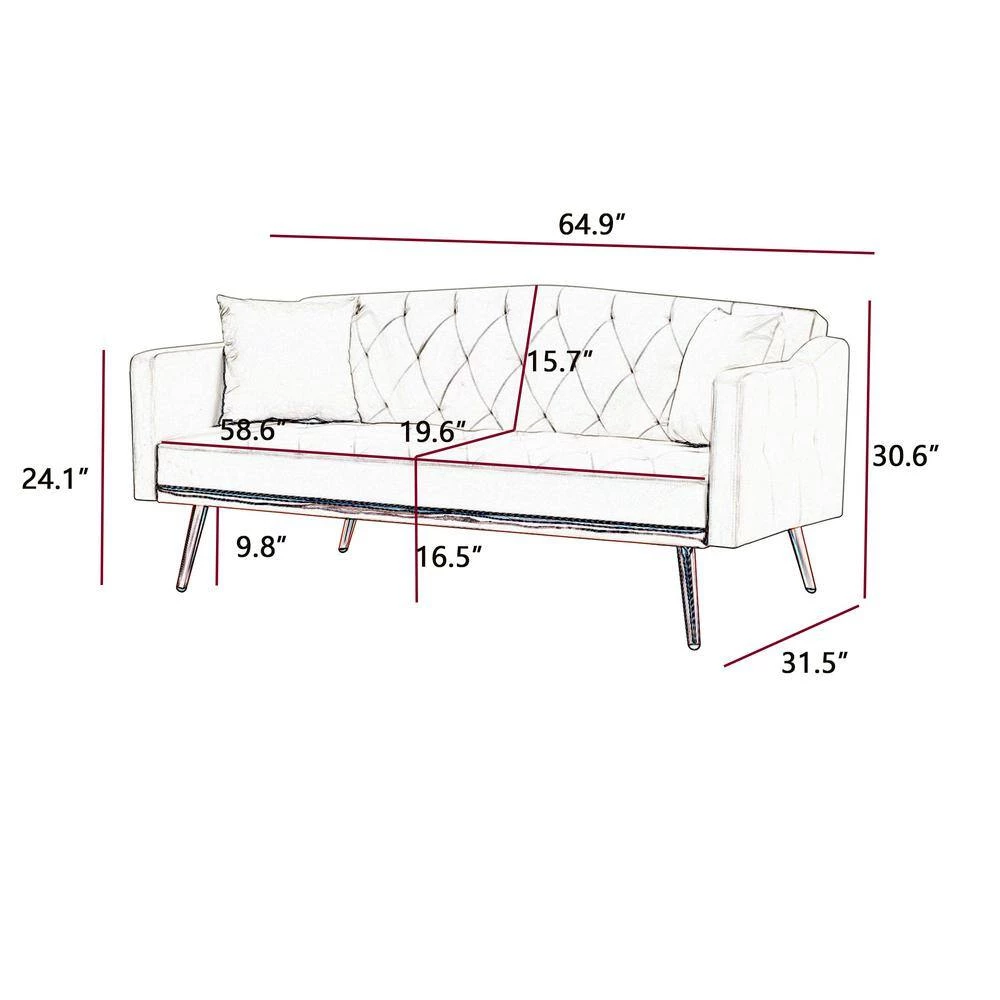 64.9 in.W Gray Velvet Twin Size Sofa Bed with Metal Legs by ATHMILE 3 64.9 in.W Gray Velvet Twin Size Sofa Bed with Metal Legs by ATHMILE - Image 3