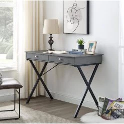 Light Gray 43.2 in. Rectangle MDF Table Top 2-Drawers Writing Desk with Black Stoving Varnish Steel Frame by ATHMILE -ATHMILE Sales Store gray athmile writing desks gz w48735112 31 1000