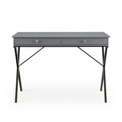 Light Gray 43.2 in. Rectangle MDF Table Top 2-Drawers Writing Desk with Black Stoving Varnish Steel Frame by ATHMILE