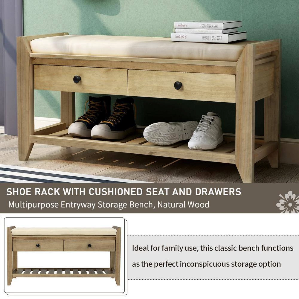 39"L x 14"W x 19.8"H Gray Wash Multipurpose Entryway Storage Bench with Cushioned Seat and Drawers by ATHMILE 8 39"L x 14"W x 19.8"H Gray Wash Multipurpose Entryway Storage Bench with Cushioned Seat and Drawers by ATHMILE - Image 8