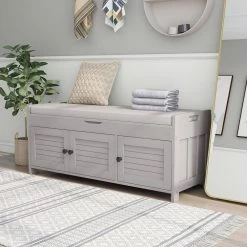 Gray Wash Storage Bench with Removable Cushion and 3 Shutter-shaped Doors 43.5"L x 16"W x 18"H by ATHMILE -ATHMILE Sales Store gray wash athmile dining benches gz wf284226aae 1d 1000