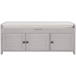 Gray Wash Storage Bench with Removable Cushion and 3 Shutter-shaped Doors 43.5"L x 16"W x 18"H by ATHMILE