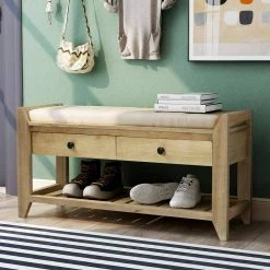 Gray Wash Storage Bench with Cushioned and Drawers 39 in. L x 14 in. W x 19.8 in. H by ATHMILE -ATHMILE Sales Store gray wash athmile dining benches gzx b2w20220591 31 1000
