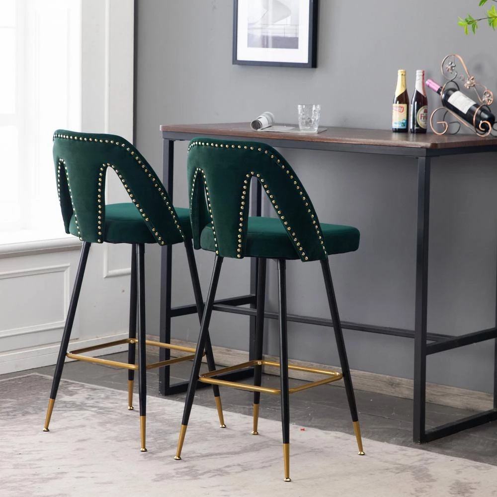 Green Velvet Upholstered Dining Side Chair with Nailheads and Gold Tipped Black Metal Legs (Set of 2) by ATHMILE 4 Green Velvet Upholstered Dining Side Chair with Nailheads and Gold Tipped Black Metal Legs (Set of 2) by ATHMILE - Image 4