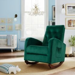 Green Velvet Rocking Chair Nursery Chair (Set of 1) by ATHMILE -ATHMILE Sales Store green athmile rockers gliders ottomans gz b2w20221529 31 1000