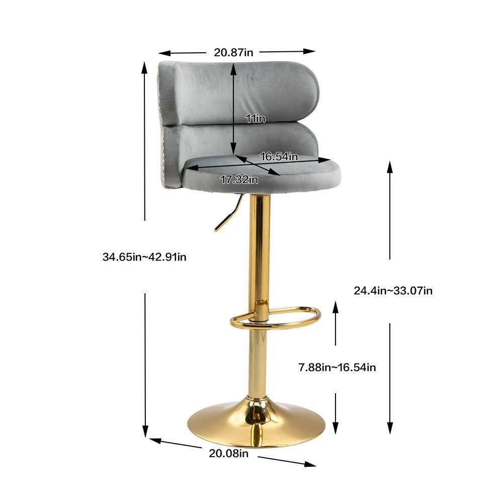 42.91 in. Gray Velvet Bar Stool (Set of 1) by ATHMILE 3 42.91 in. Gray Velvet Bar Stool (Set of 1) by ATHMILE - Image 3