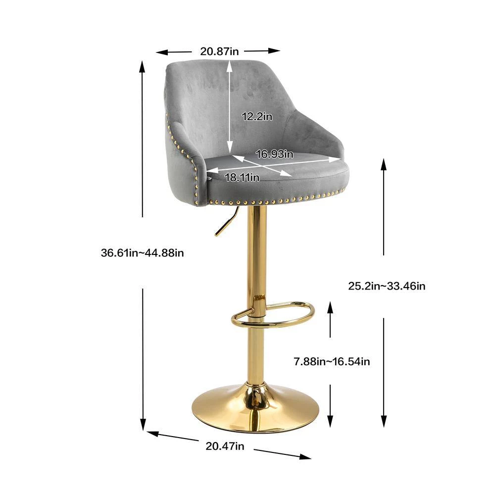 44.88 in. Gray Velvet Bar Stool (Set of 1) by ATHMILE 3 44.88 in. Gray Velvet Bar Stool (Set of 1) by ATHMILE - Image 3