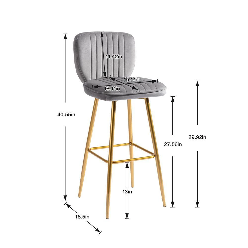 40.55 in. Grey Velvet Bar Stool (Set of 1) by ATHMILE 3 40.55 in. Grey Velvet Bar Stool (Set of 1) by ATHMILE - Image 3