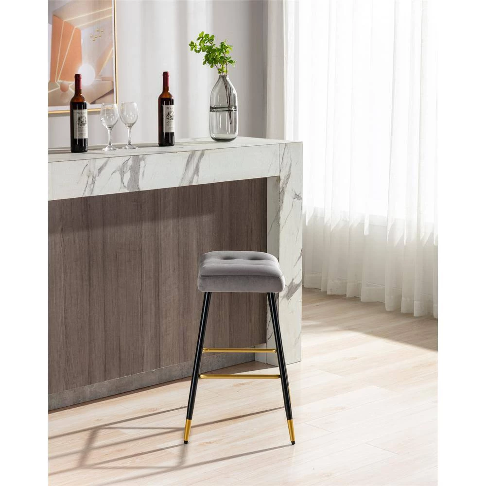 26.34 in. Gray Backless Metal Frame Bar Stool with Velvet Seat (Set of 1) by ATHMILE 3 26.34 in. Gray Backless Metal Frame Bar Stool with Velvet Seat (Set of 1) by ATHMILE - Image 3