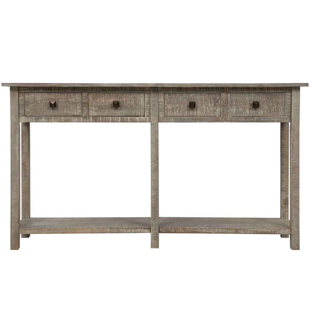 59 in. Grey Wash Rustic Brushed Texture Entryway Rectangle Wood Console Table with Drawer and Bottom Shelf by ATHMILE 1 59 in. Grey Wash Rustic Brushed Texture Entryway Rectangle Wood Console Table with Drawer and Bottom Shelf by ATHMILE