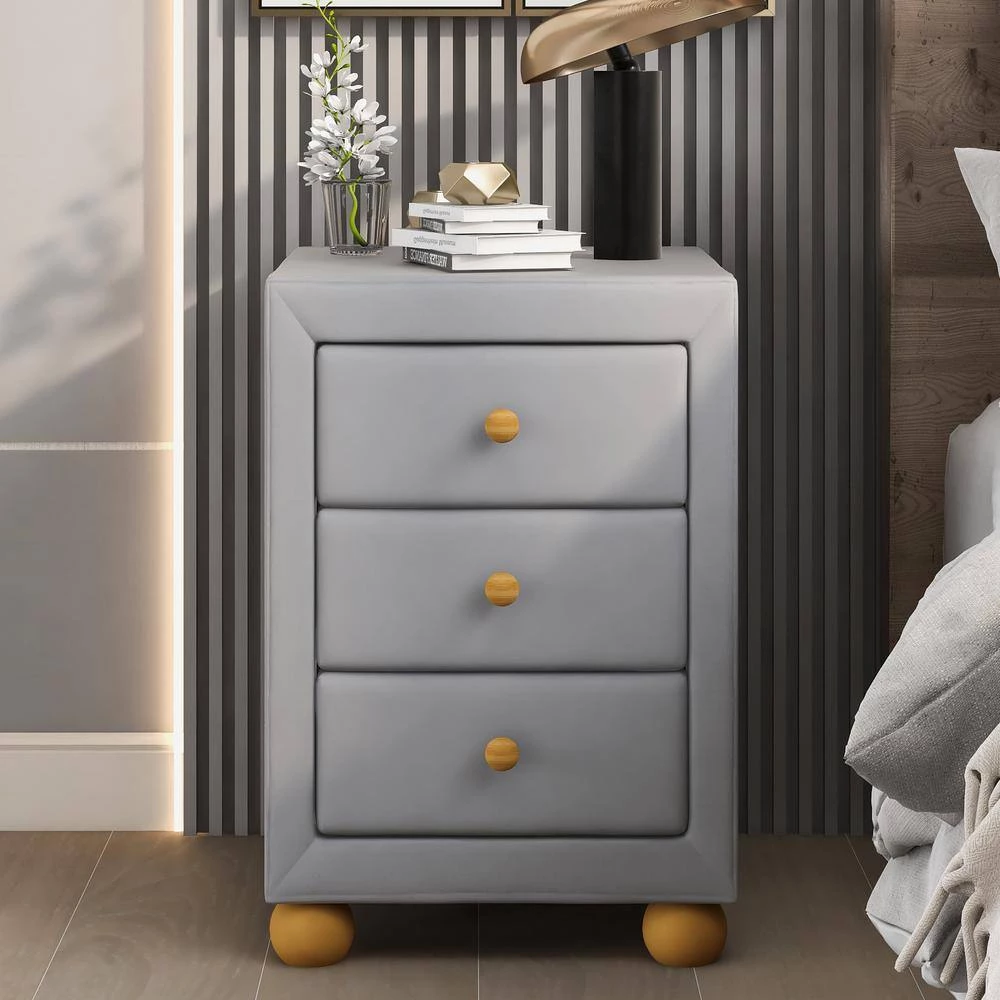 3-Drawers Upholstered Light Gray Nightstand (17 in. L x 15.7 in. W x 21 in. H) by ATHMILE 9 3-Drawers Upholstered Light Gray Nightstand (17 in. L x 15.7 in. W x 21 in. H) by ATHMILE - Image 9
