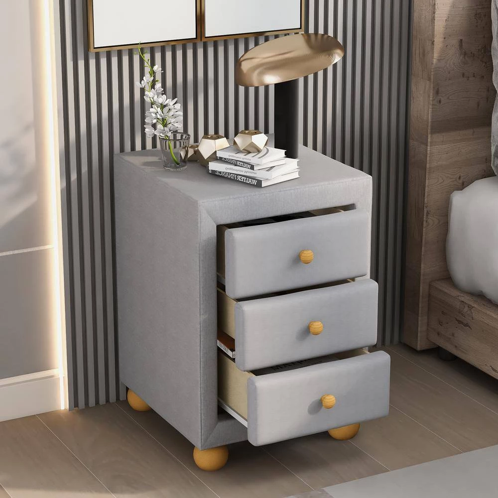 3-Drawers Upholstered Light Gray Nightstand (17 in. L x 15.7 in. W x 21 in. H) by ATHMILE 3 3-Drawers Upholstered Light Gray Nightstand (17 in. L x 15.7 in. W x 21 in. H) by ATHMILE - Image 3