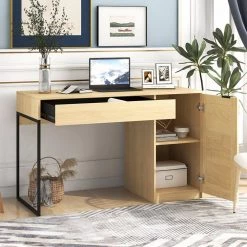 47 in. Rectangle Natural Color Wicker One Drawer Computer Desk with Storage Cabinet by ATHMILE -ATHMILE Sales Store natural athmile computer desks gz w104036799 4f 1000