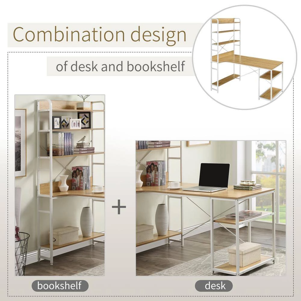 Beige Natural 54.3 in. Home Office Steel Frame Computer Desk MDF Board with 5-Tier Open Bookshelf by ATHMILE 7 Beige Natural 54.3 in. Home Office Steel Frame Computer Desk MDF Board with 5-Tier Open Bookshelf by ATHMILE - Image 7