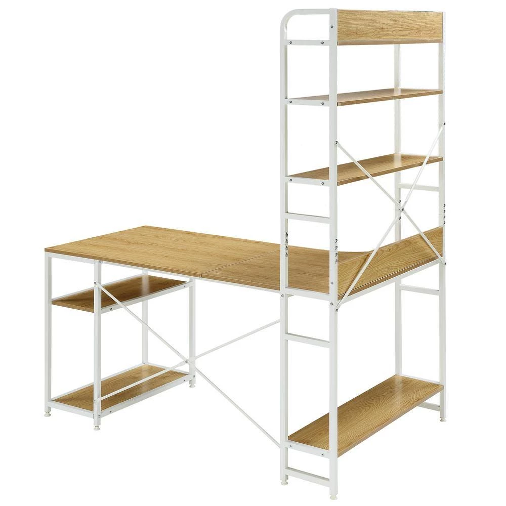 Beige Natural 54.3 in. Home Office Steel Frame Computer Desk MDF Board with 5-Tier Open Bookshelf by ATHMILE 2 Beige Natural 54.3 in. Home Office Steel Frame Computer Desk MDF Board with 5-Tier Open Bookshelf by ATHMILE - Image 2