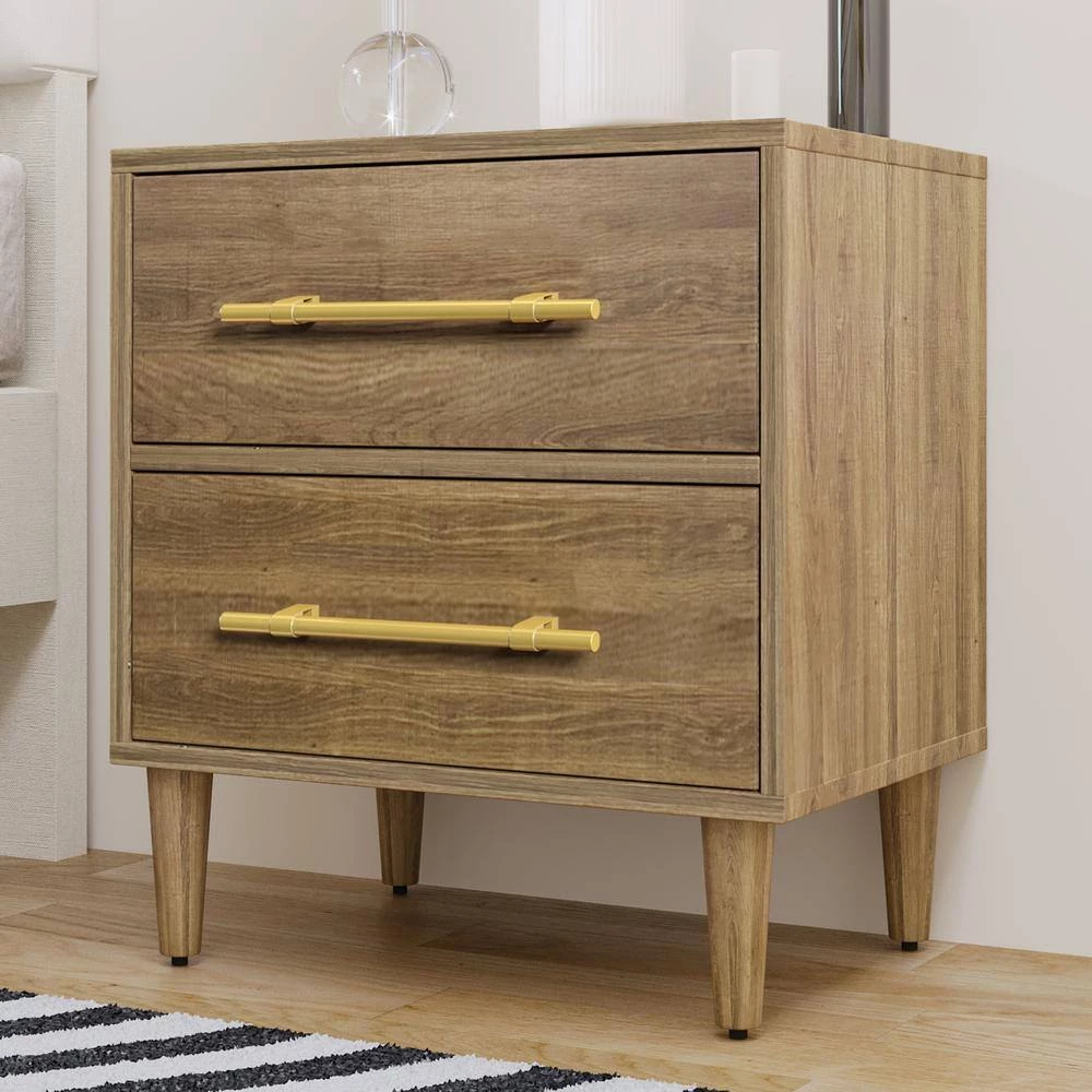 2-Drawer Natural Walnut Nightstand with Golden Handles 23 in. L x 17 in. W x 25.3 in. H by ATHMILE 2 2-Drawer Natural Walnut Nightstand with Golden Handles 23 in. L x 17 in. W x 25.3 in. H by ATHMILE - Image 2