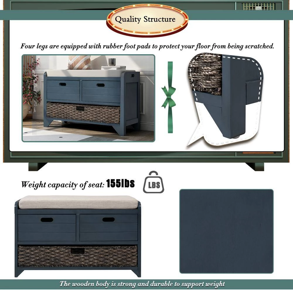 Navy Storage Bench 32 in. L x 11.8 in. W x 20 in. H by ATHMILE 4 Navy Storage Bench 32 in. L x 11.8 in. W x 20 in. H by ATHMILE - Image 4