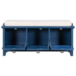 Blue Storage Bench with Beige Cushion（42.9 in. L x 15 in. W x 19.3 in. H） by ATHMILE