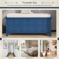 Blue Storage Bench with Beige Cushion（42.9 in. L x 15 in. W x 19.3 in. H） by ATHMILE -ATHMILE Sales Store navy blue athmile dining benches gz b2w20221754 c3 1000