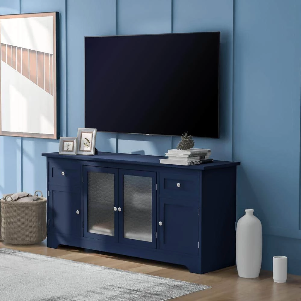 59 in. Navy Blue Wood TV Stand with 4-Doors Adjustable Panels Open Style Cabinet Fits TV's up to 65 in. by ATHMILE 4 59 in. Navy Blue Wood TV Stand with 4-Doors Adjustable Panels Open Style Cabinet Fits TV's up to 65 in. by ATHMILE - Image 4