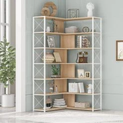 70.9 in. H Oak Wood 7-Tier L-Shaped Corner Bookcase with Metal Frame by ATHMILE -ATHMILE Sales Store oak athmile bookcases bookshelves gz b2w20221248 31 1000
