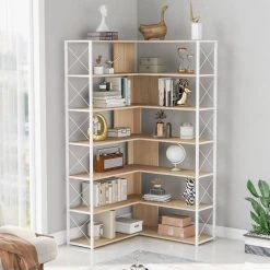 70.9 in. H Oak Wood 7-Tier L-Shaped Corner Bookcase with Metal Frame by ATHMILE -ATHMILE Sales Store oak athmile bookcases bookshelves gz b2w20221248 4f 1000