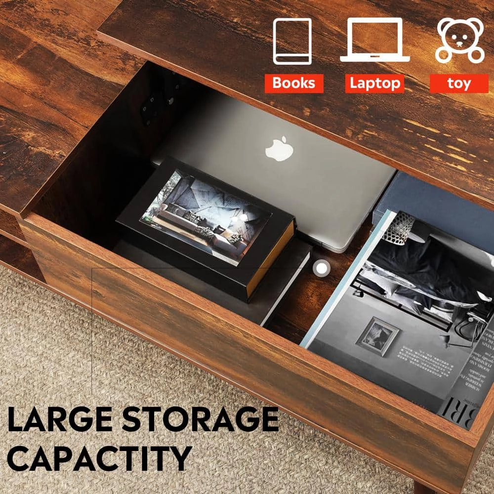 39.37 in. Oak Rectangle Wood Lift Top Coffee Table with Hidden Compartment and Adjustable Storage Shelf by ATHMILE 4 39.37 in. Oak Rectangle Wood Lift Top Coffee Table with Hidden Compartment and Adjustable Storage Shelf by ATHMILE - Image 4