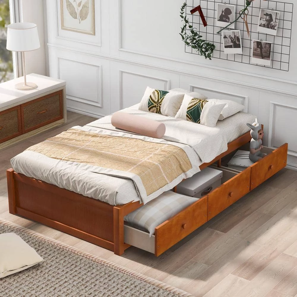 77.9 in. W Oak Twin Size Platform Storage Bed with 3 Drawers by ATHMILE 1 77.9 in. W Oak Twin Size Platform Storage Bed with 3 Drawers by ATHMILE
