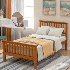 Oak Twin Wood Platform Bed with Headboard and Footboard by ATHMILE -ATHMILE Sales Store oak athmile platform beds gz wf191767aal 31 1000